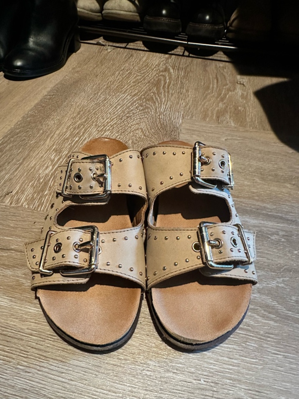 Vince Camuto Taupe Double-Buckle Studded Slide Sandals